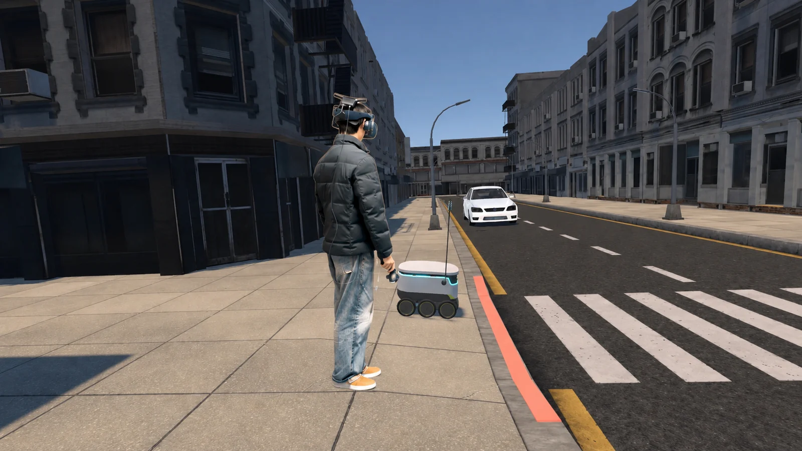 Illustration de la scène de traversée en réalité virtuelle avec un piéton et un robot de livraison